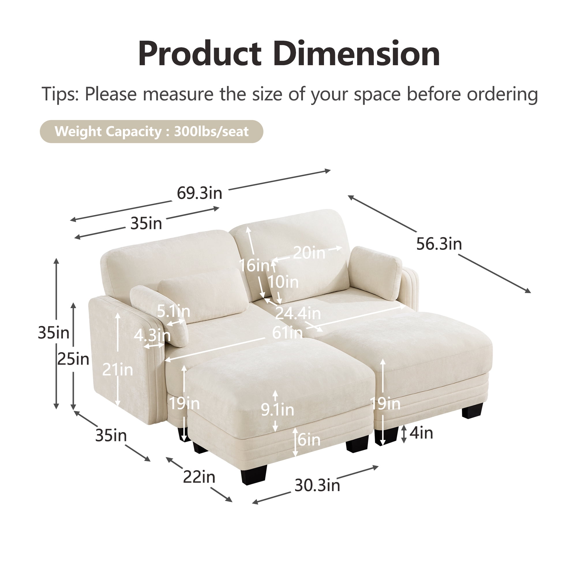 70" Modern Modular 2 Seater Loveseat Sofa Couch with 2 Ottoman and 4 Pillows
