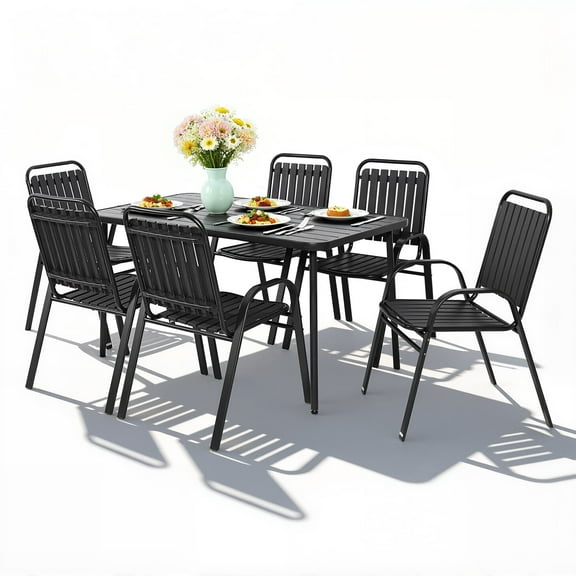 Seizeen Outdoor Dining Set for 6, Plastic Wood Patio Furniture Set with Steel Frame, Space-saving Dining Table and Chairs Stockable Design, All-weather Porch Garden Yard Conversation Furniture, Black