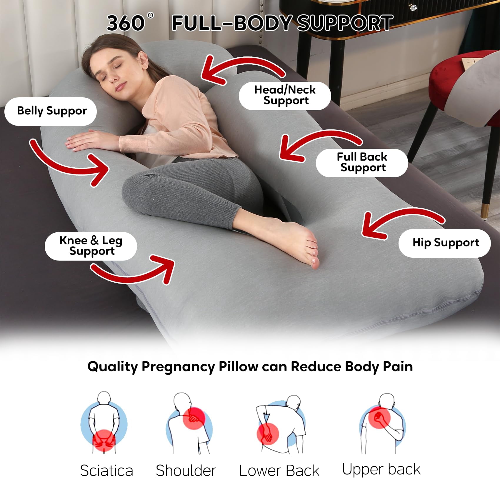 U-shaped Pillow For Sleeping  Full Body Support & Belly -65 Inch Maternity With Machine Washable Cover |