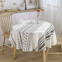 Boho Cotton Linen Table Cloths Farmhouse Heavy Fabric Table Cover Burlap Striped Geometric Washable Table Top for Parties Coffee Kitchen Picnic White Black Round 60 inch(4-6 Seats)