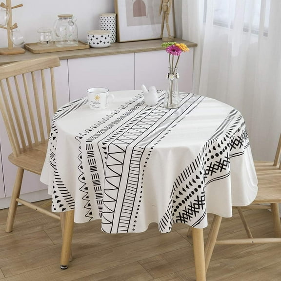 Boho Cotton Linen Table Cloths Farmhouse Heavy Fabric Table Cover Burlap Striped Geometric Washable Table Top for Parties Coffee Kitchen Picnic White Black Round 60 inch(4-6 Seats)