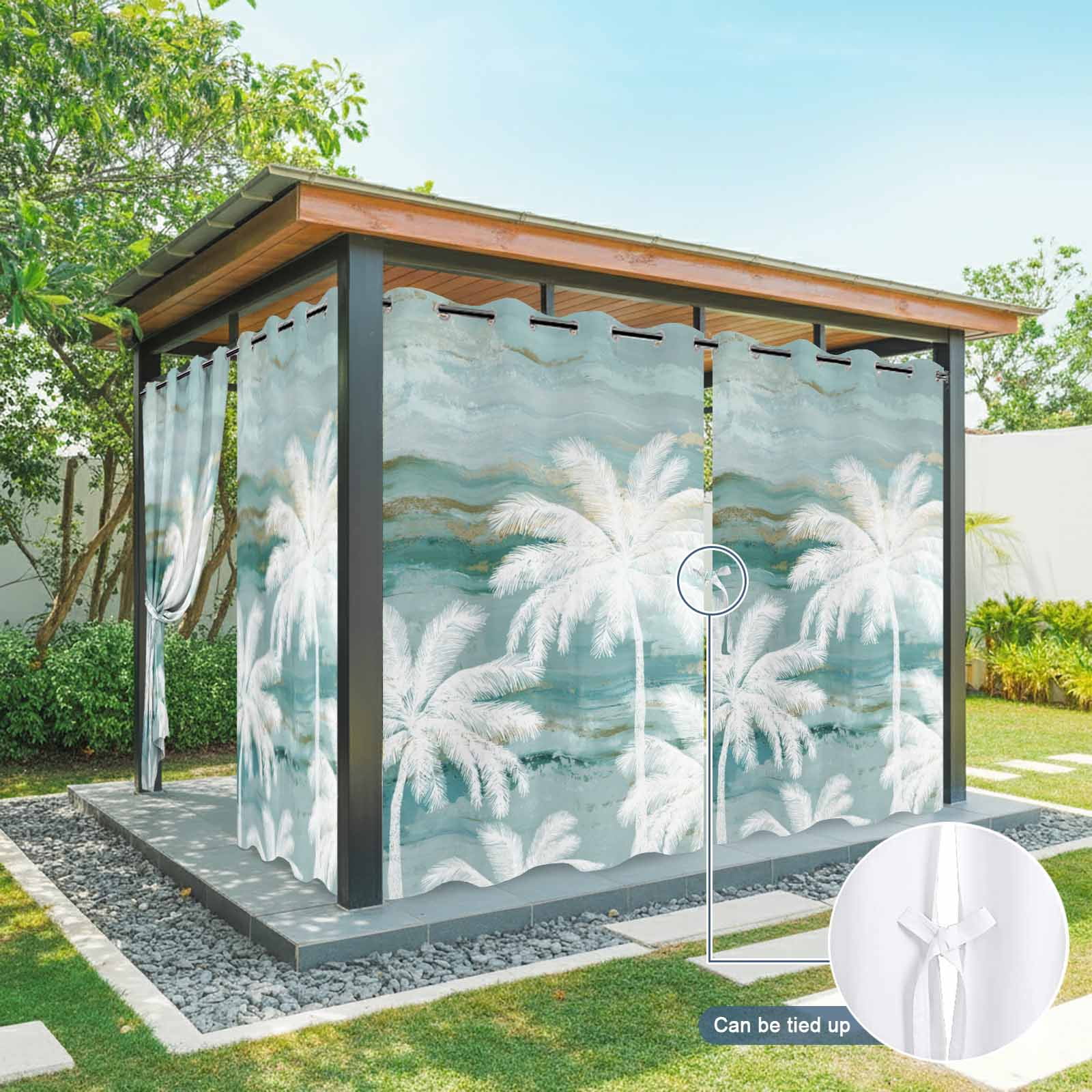 Summer Palm Trees Outdoor Curtains for Patio, Tropical Coastal Rustic Turquoise Abstract Sunshade Privacy Drapes Grommet Waterproof Outside Curtains for Porch/Cabana/Balcony 54"x 108", 1 Panel