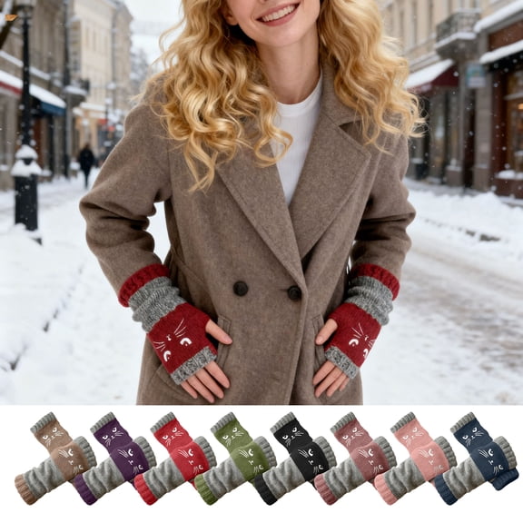 Tupukom Women's Knitted Fingerless Gloves with Cute Cat Embroidery,Cat Embroidery Splicing Knitted Gloves for Women