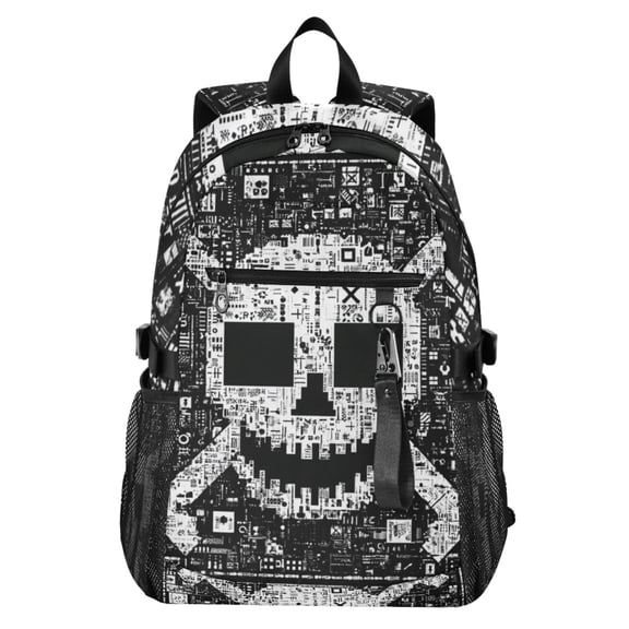 JIALIOU 14" Laptop Backpack Waterproof Airline Approved Stylish Casual Daypack for Travel Business College Work, Skull Pixel Art