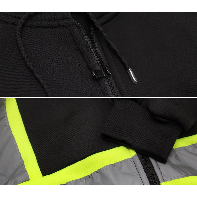 HGOOGY Men's Reflective Striped Hoodie - High Visibility Road Work Sweatshirt With Kangaroo Pocket, Black, Large