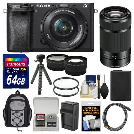 Sony Alpha A6300 4K Wi-Fi Digital Camera & 16-50mm with 55-210mm Lens + 64GB Card + Case + Battery & Charger + Flex Tripod + Filters + Kit