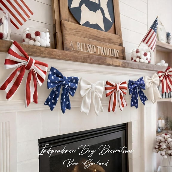 4th of July Decorations - 6.5 Ft Patriotic Bow Garland - Memorial Day Decor - America 250th Anniversary Decoration - Fourth of July Home Party Supplies Independence Day Accessories for Indoor Outdoor