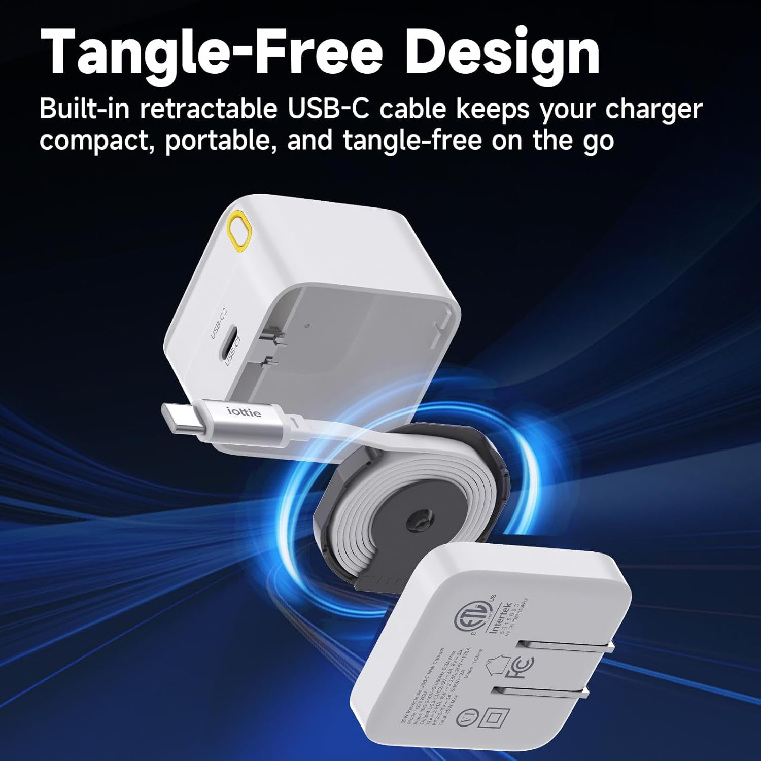 RGHJAR-Basix by iOttie 35W GaN Wall Charger with Built-in Retractable USB-C Cable and Extra USB-C Port, Dual Device Fast Charging, Compact Travel Charger with Folding Prongs