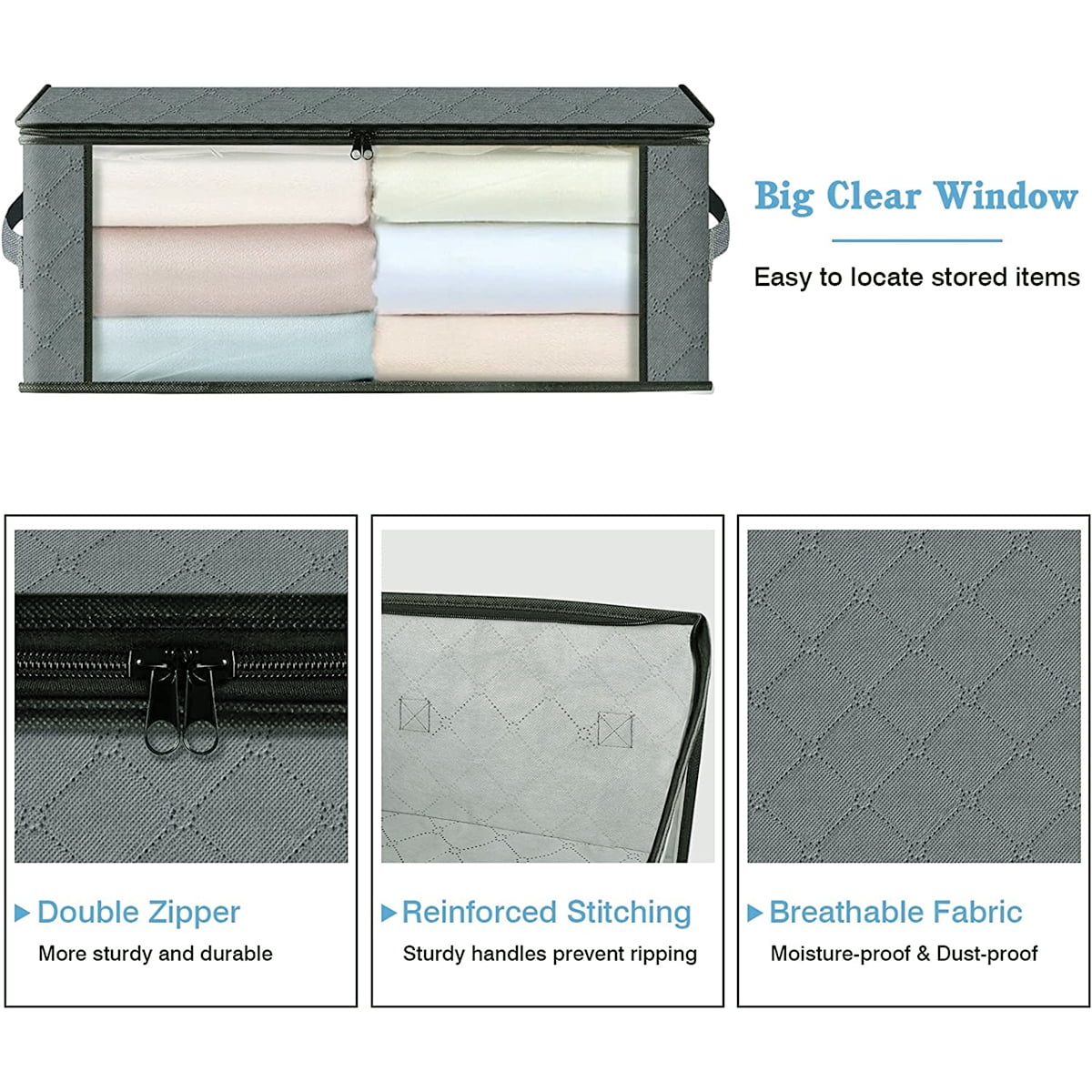 Rirool Foldable Storage Box, 6 Pack Clothes Organizer with Clear Windows, Sturdy Handles Storage Bag 19.7 x 13.78 x 7.87 inches, Gray