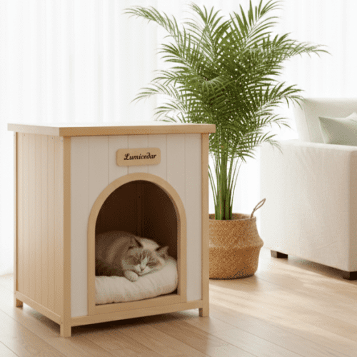 Indoor Wooden Dog House for Small Dogs and Cats Solid Cedar Pet House with Removable Cushion Scandinavian Design, Cream White,Light Yellow