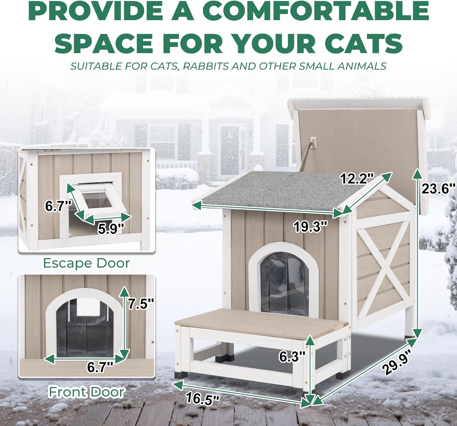 Gowoodhut Small Insulated Cat House, Wood Outdoor Cat House Weatherproof with Cat Scratching Cloth for Winter, Grey