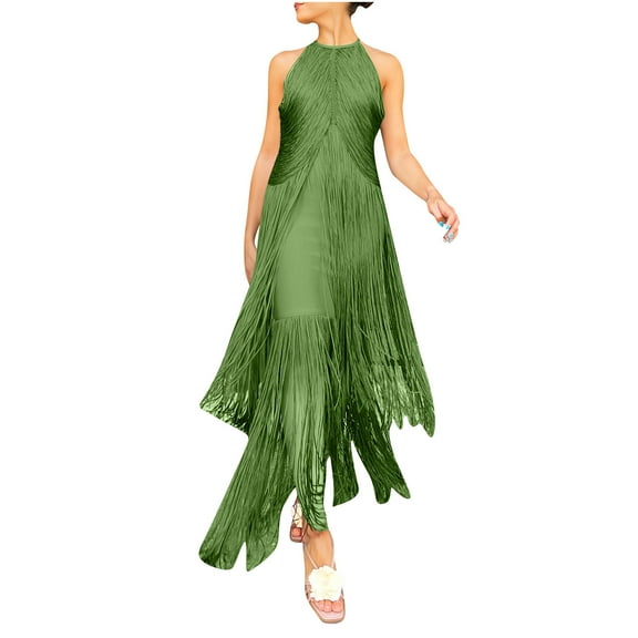Sexlip Women Vintage Flapper Dresses 1920s Great Gatsby Halter Fringed Maxi Dress Tassels High Split Formal Dress Green S