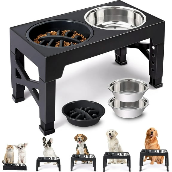 Elevated Dog Bowls, 5 Adjustable Heights Raised Dog Bowl Stand, with 2 Stainless Steel Dog Food Bowls and 1 Slow Feeder Dog Bowl