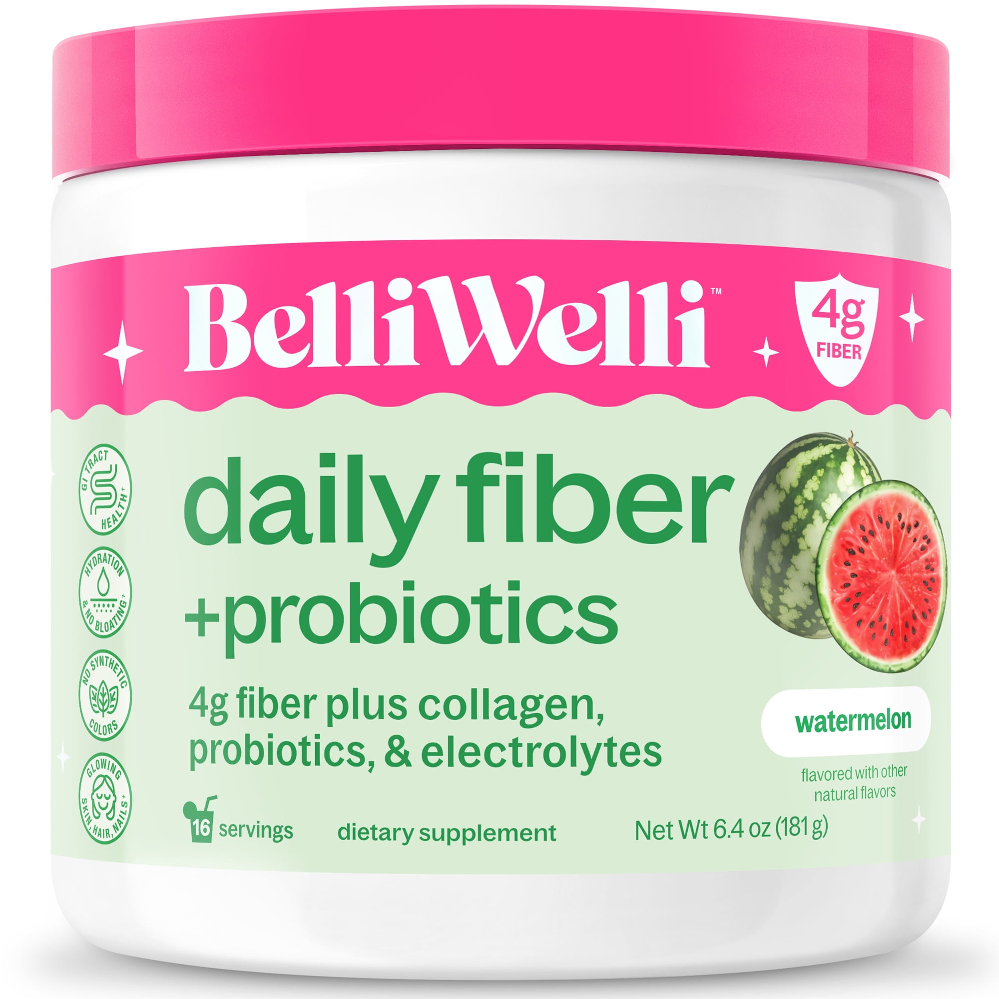 BelliWelli 4-in-1 Daily Fiber Supplement, Probiotics, Collagen & Electrolytes, Watermelon