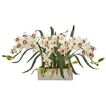 Nearly Natural Cymbidium Artificial Flower Arrangement in White Vase