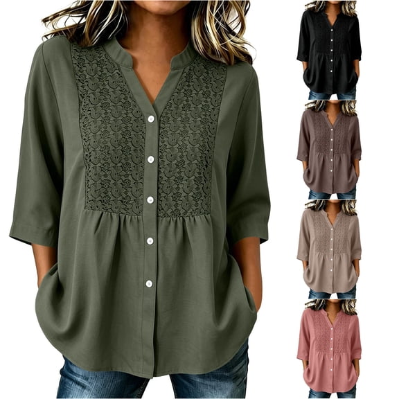 Women's V-Neck Button Front Patchwork Top Modern Comfortable Fit For Everyday Wear