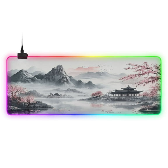 Large RGB Gaming Mouse Pad Led Glowing Mousepad Non-Slip Rubber Base 13 Light Modes 31.5x11.8 Ink Mountains and Pavilions