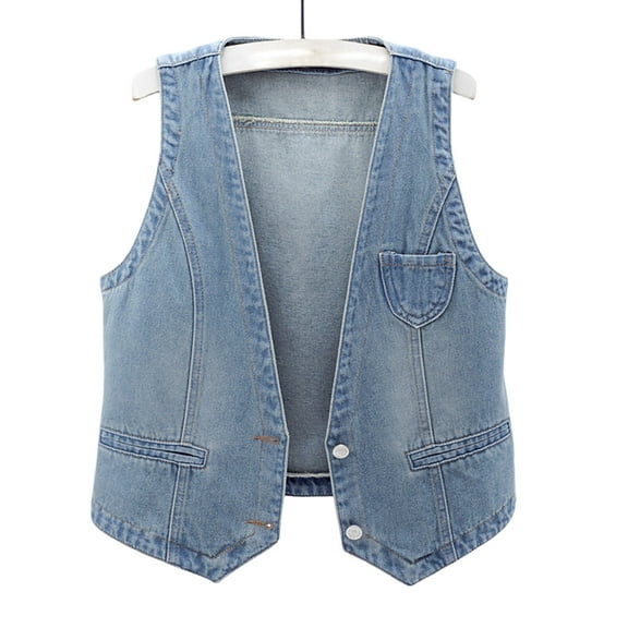 Xdegoge Denim Vest for Women Jean Waistcoat Sleeveless Button Down Jacket V Neck Slim Fit Casual Outerwear Classic Denim Top Lightweight Stretchy Summer Layering Vest