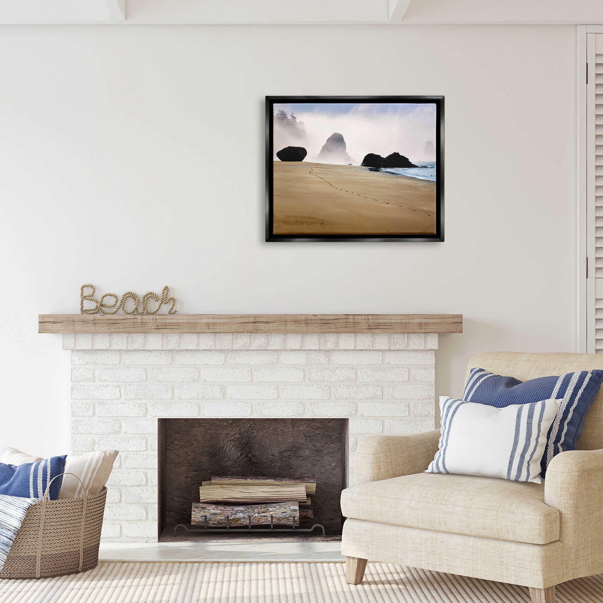 Stupell Industries Beach Sand Footprints Foggy Cliffs Coastal Photography Black Floater Framed Art Print Wall Art