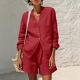 thumbnail image 6 of LEKWK Linen Sets for Women 2 Piece Long Sleeve V Neck Button Down Tops and High Waisted Shorts with Pockets Summer Solid Casual Travel Vacation Sets, 6 of 7