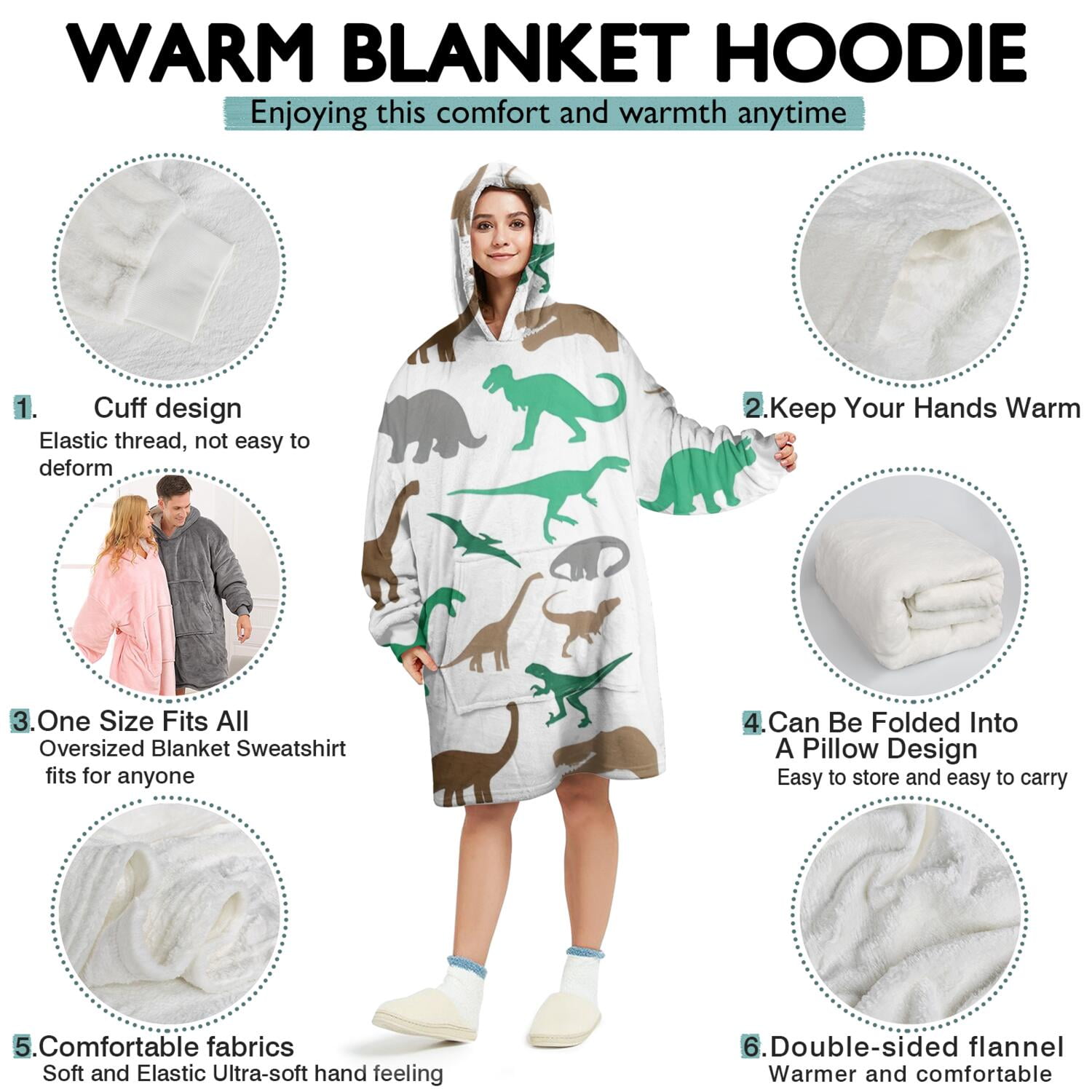 Wearable Oversized Blanket,Colorful Dinosaurs Silhouettes Pattern Wearable Blanket Hoodie for Adults,Cozy Hooded Blankets with Super Pockets,Super Warm Fuzzy Pullover for Women & Men