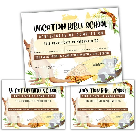 Vacation Bible School VBS Certificate of Completion Award  50 pk 8.5x11 Australia Down Under Jungle Participation