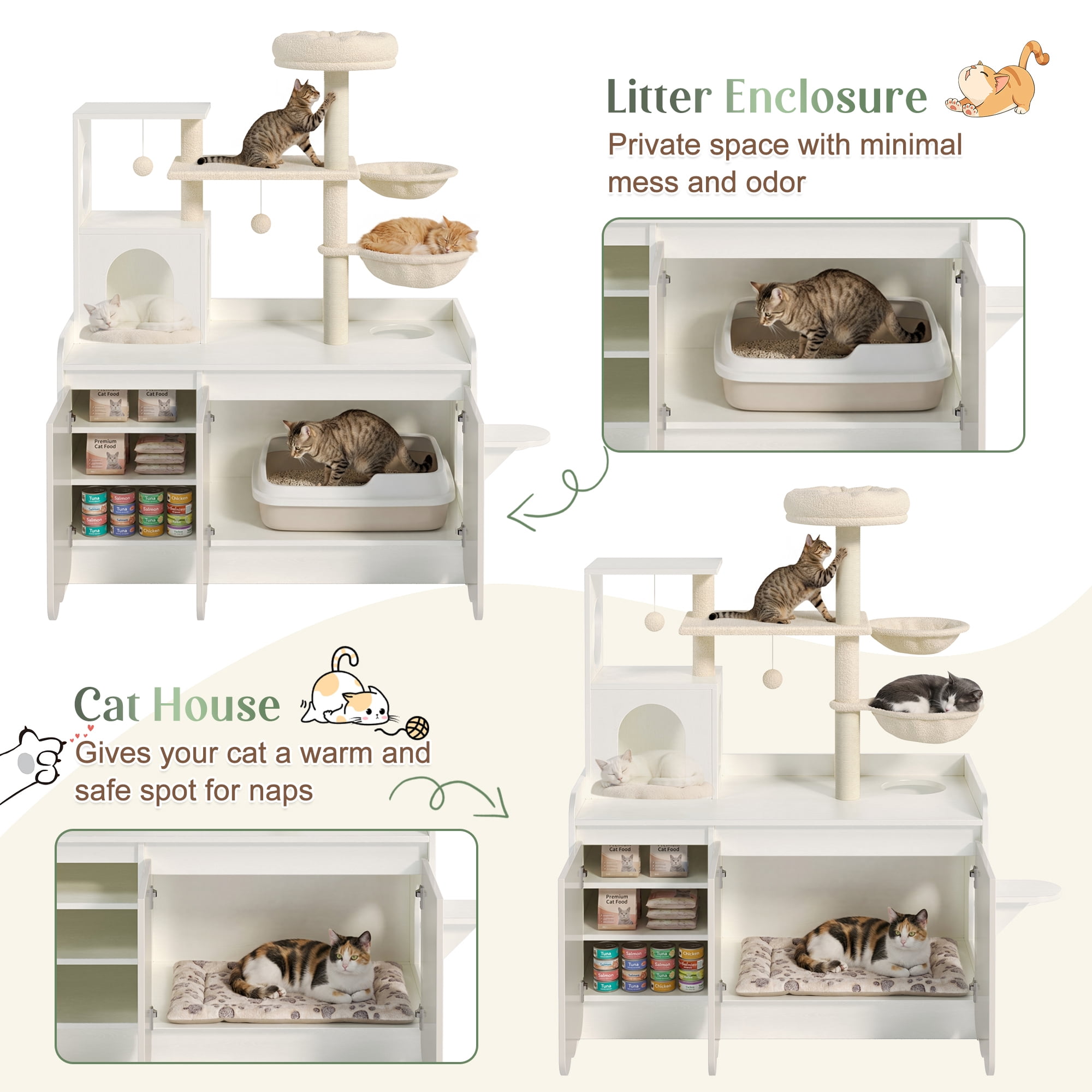 Euroco Cat Tree with Litter Box Enclosure, 59" Tall Modern Cat Tower with Sisal Scratching Post,Hammock,House,Perch & Storage Space,All-in-One Cat Condo,Hidden Cat Furniture,White