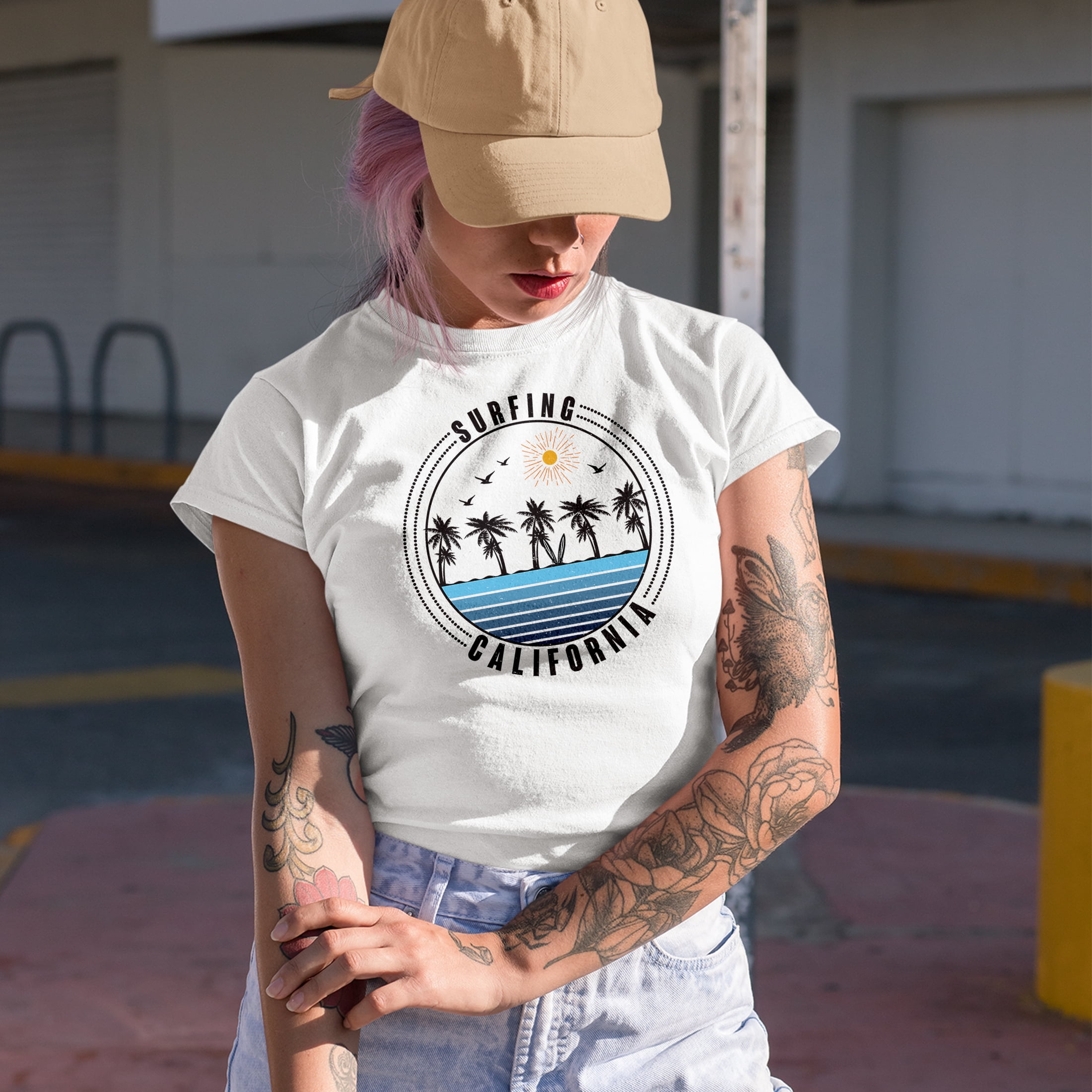 Surfing California with Sea & Palm Trees, Baby Blue T-Shirt, Large
