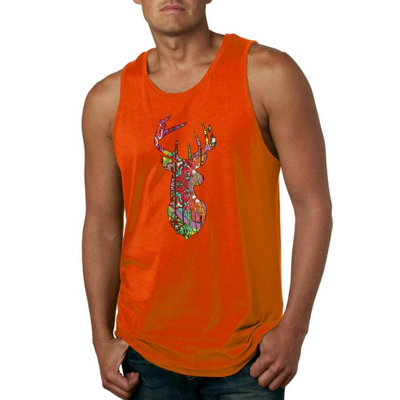 Trippy Colorful Buck Head Rainbow Hunting Deer Mosaic Animal Lover Mens Graphic Tank Top, Orange, 3XL