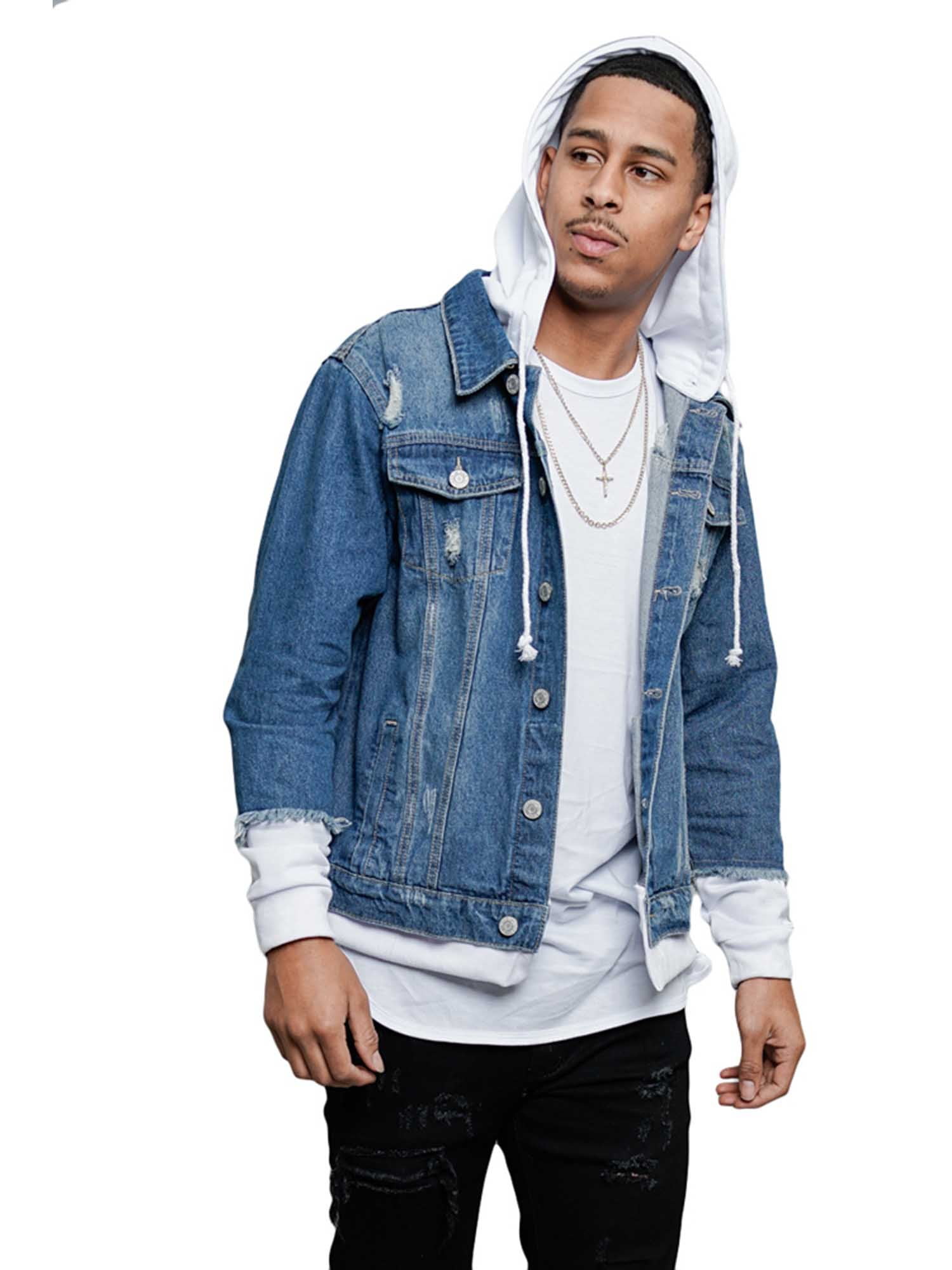 Victorious Men s Hoodie Layered Distressed Denim Jacket with Removable Hood DK109 Black 5X Large Walmart