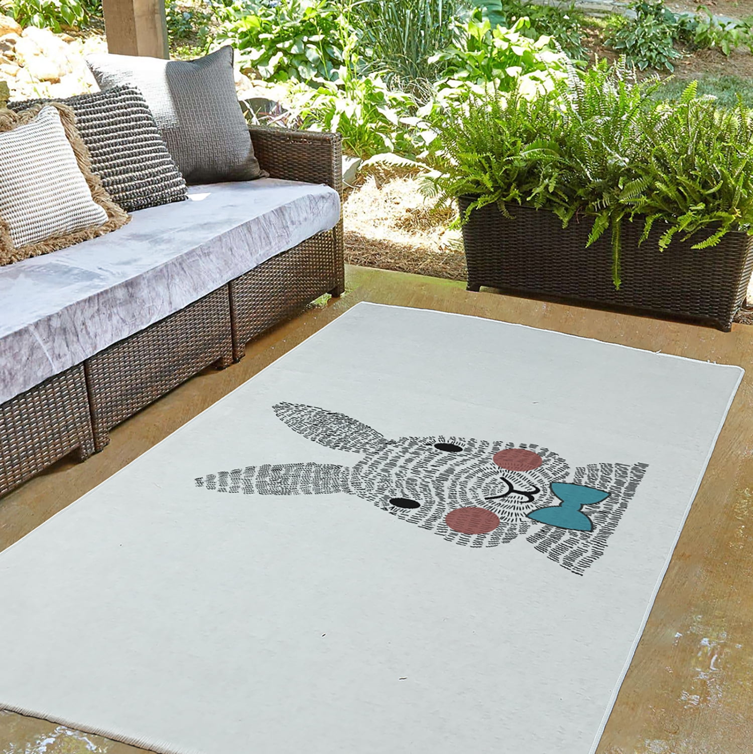 Simply Daisy 3' x 5' Explorer Blue Bow-tie Bunny Easter Chenille Indoor/Outdoor Rug