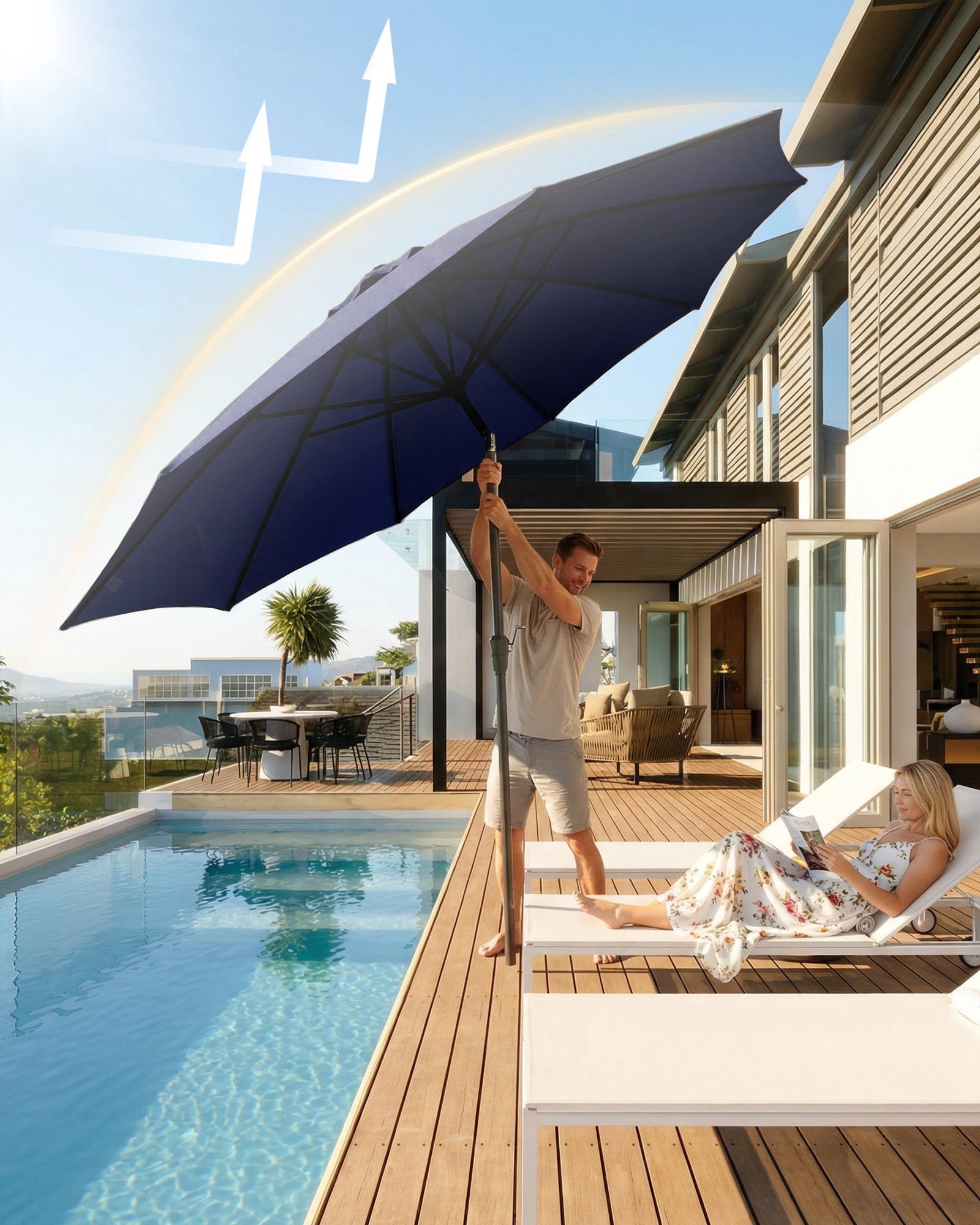 SOLLED 10FT Patio Umbrella with Push Button Tilt & Crank, Outdoor Market Table Umbrella with 8 Ribs for Garden Backyard Deck Pool,Navy Blue