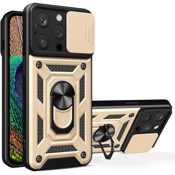 Phone Case for iPhone 14 Pro with Slide Camera Window, Heavy Duty Protection Phone Cover Case with Ring Kickstand for iPhone 14 Pro Gold