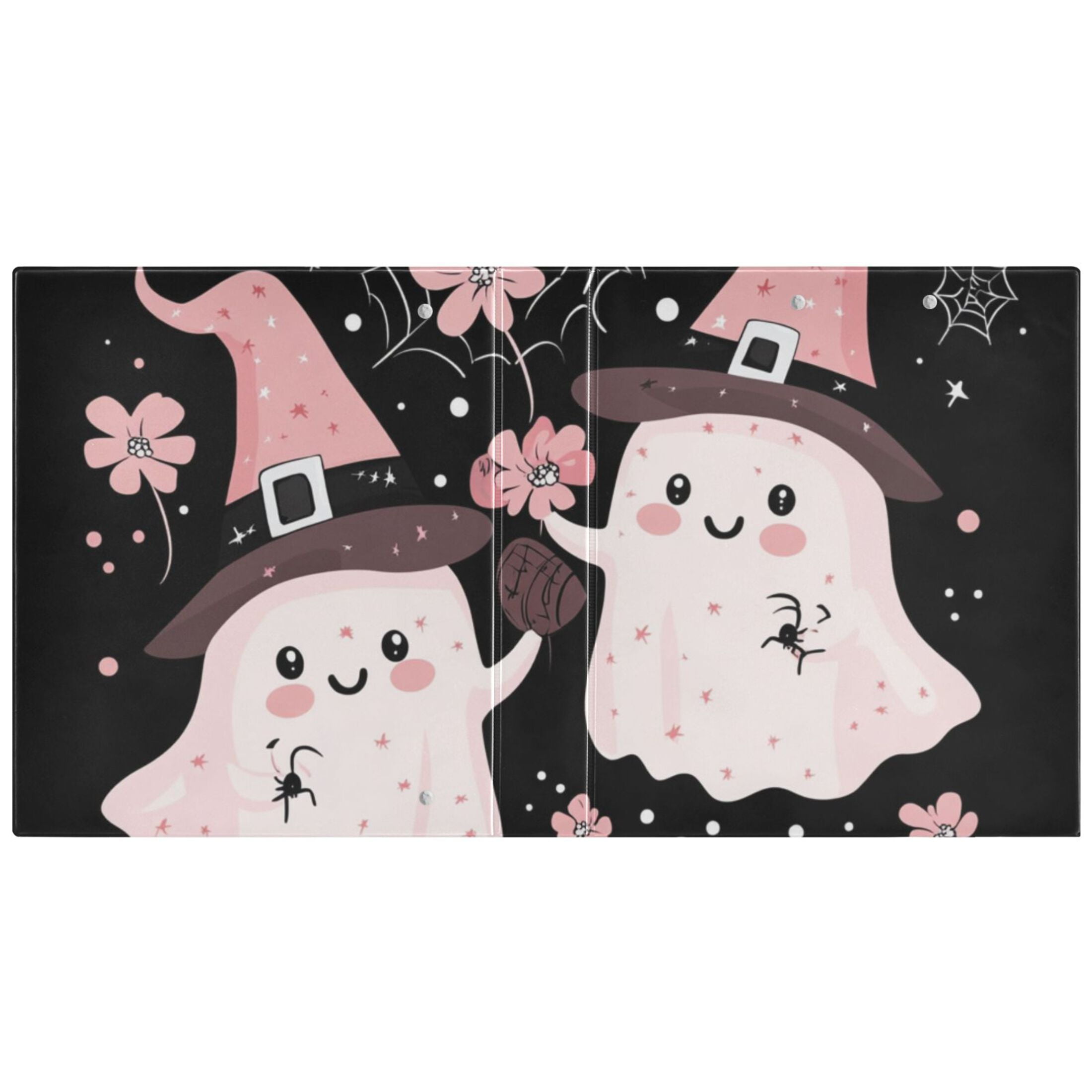 Halloween Pink Ghosts Flowers 3 Ring Binders 1.5 inch Hardcover File Folders with Interior Pockets A4 Size Organizer for School Office Hospital