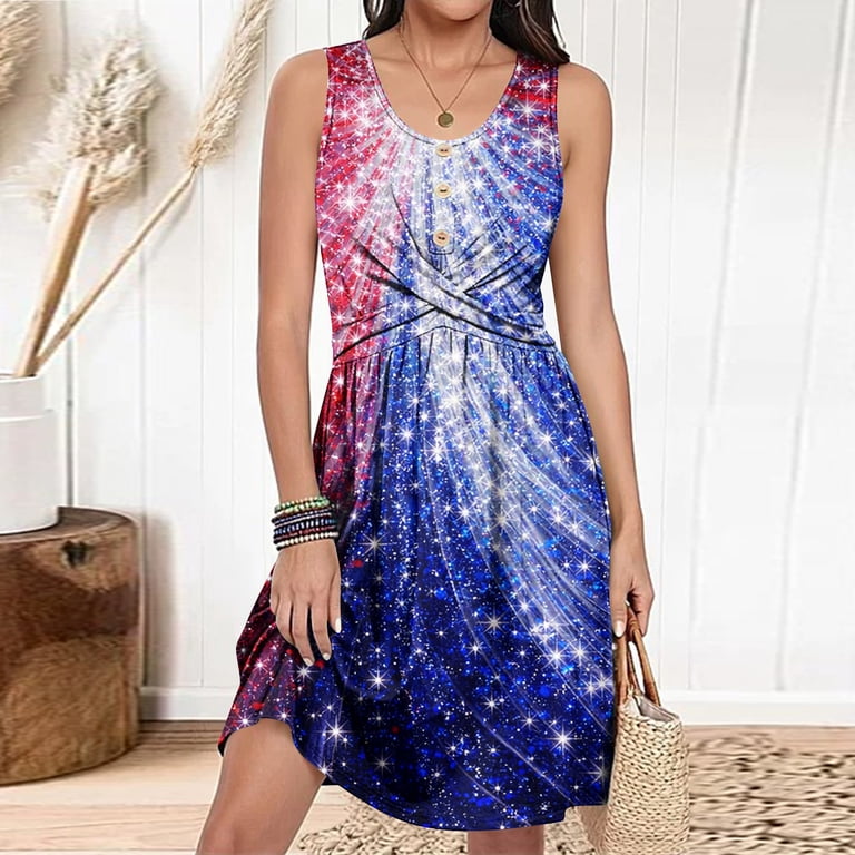 longantii Dresses for Women Fashion Button Down Sundresses Babydoll Dress  Elegant Twist Button Front a Line Beach Boho Dresses Crew Neck Sleeveless  ...