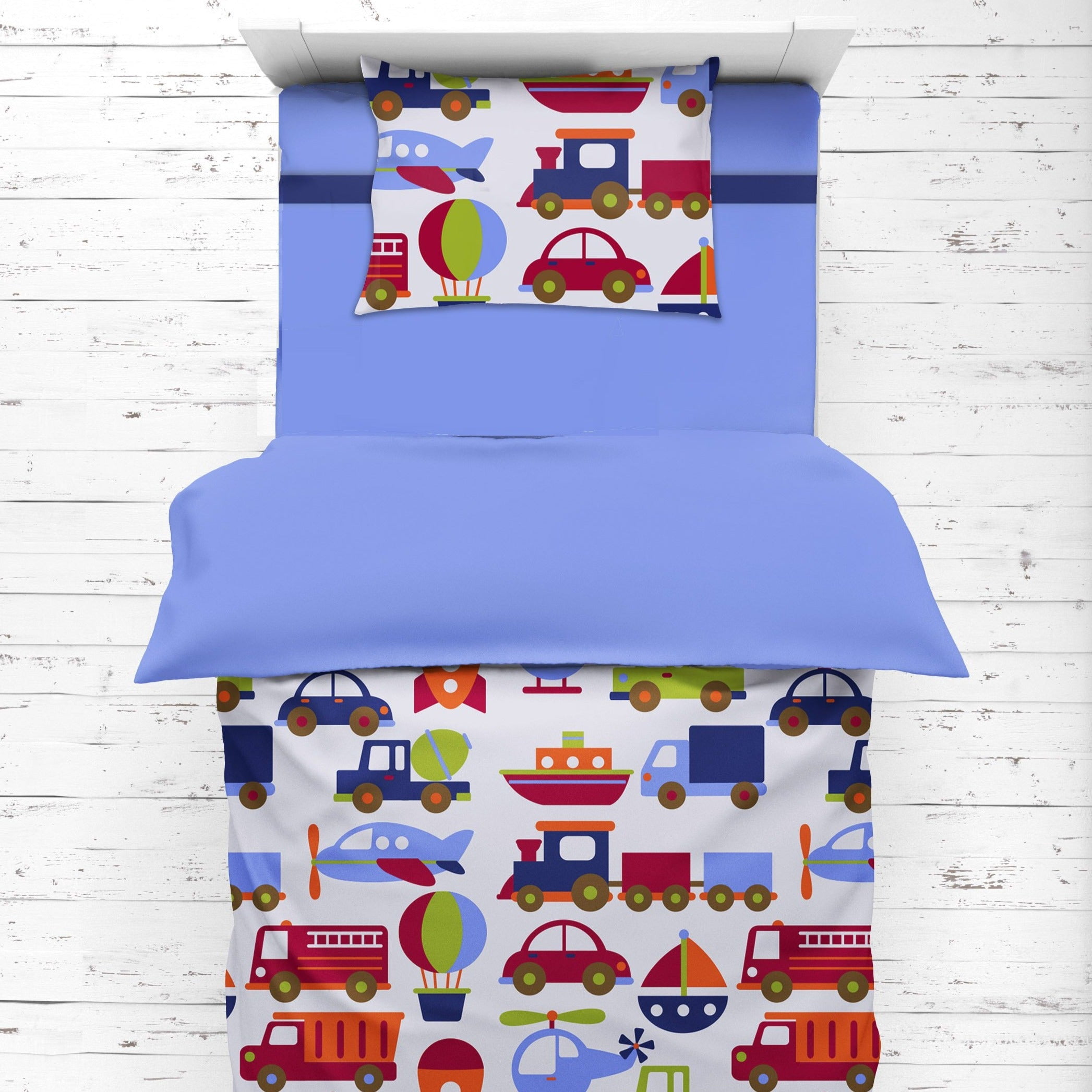 Bacati - Boys 4 pc Toddler Bedding/3 pc Sheet Set 100% Cotton Percale, Transportation Blue/Navy/Orange/Red/Green