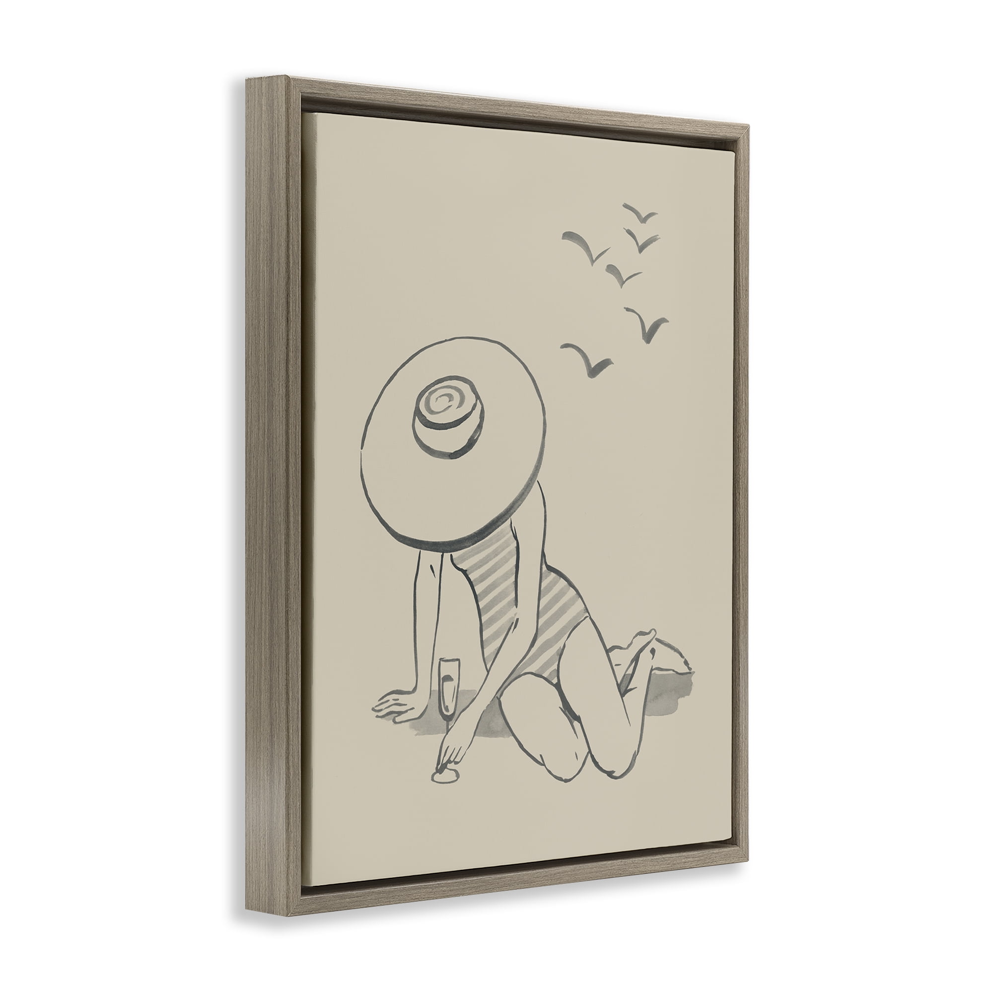 Stupell Industries Girl on Beach Sketch Novelty Drawing Brown Floater Framed Canvas Art Print Wall Art, 17 x 21