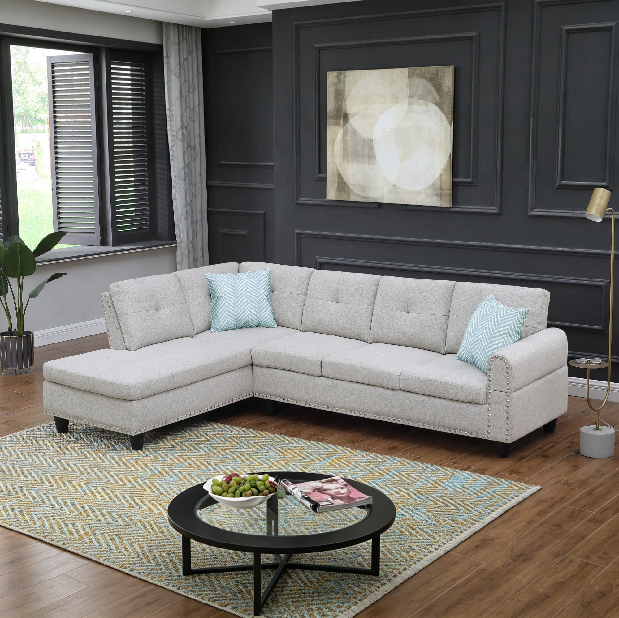 BSHTI 3-Seat Contemporary Linen L-Shaped Sectional Sofa with Chaise, Pull-Down Cup Holders, Toss Pillows for Living Room（Light Gray）