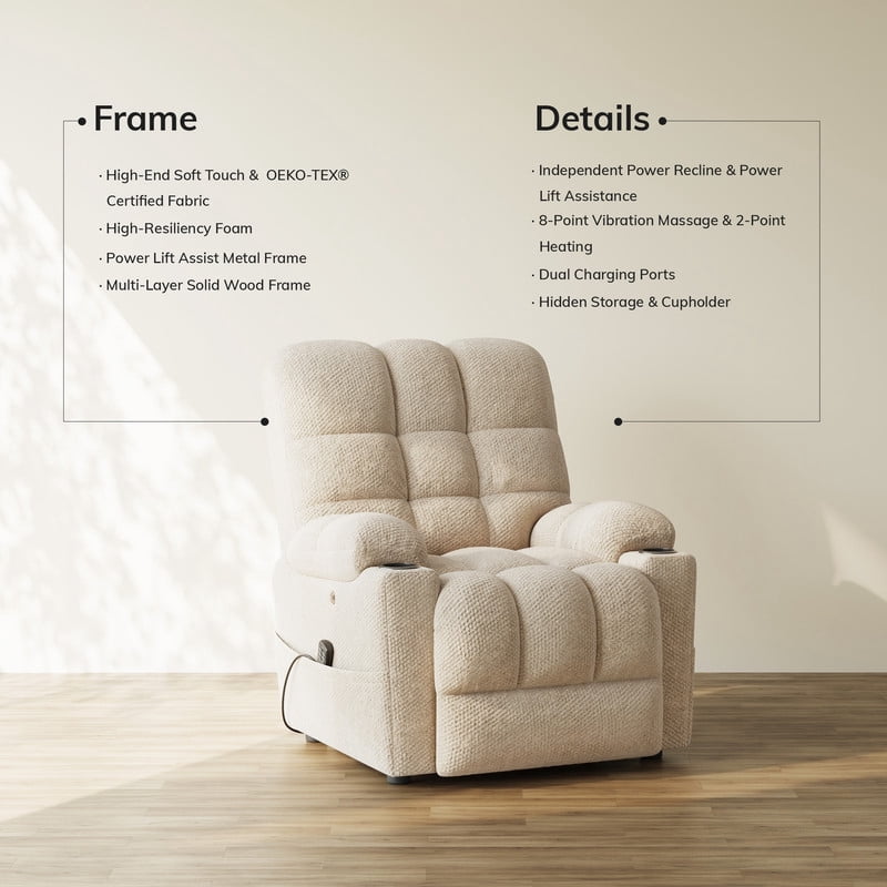 COLAMY Serene Dual Motors Power Lift Recliner Chair with Massage and Heat for Elderly People, Independent Adjustable Backrest Headrest, Extended Footrest，USB Charging Ports and Cup Holders, Beige