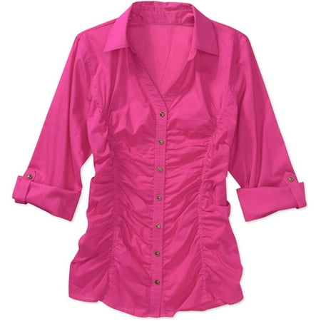 button ruched woven tab roll sleeve plus shirt down