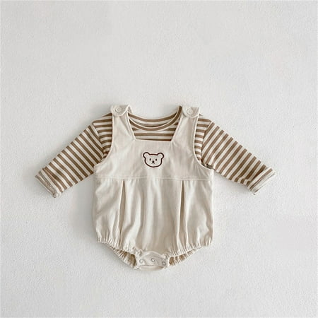 

Hunpta Baby Newborn Infant Girls Boys Autumn Striped Ribbed Cotton Tshirt Romper Gallus Bodysuit Tops Set Outfits Clothes