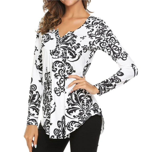 Pntutb Mujeres Moda Impreso Casual V-Cuello Manga Larga Camiseta Suelta Blusa tops Pntutb Pntutb-3937