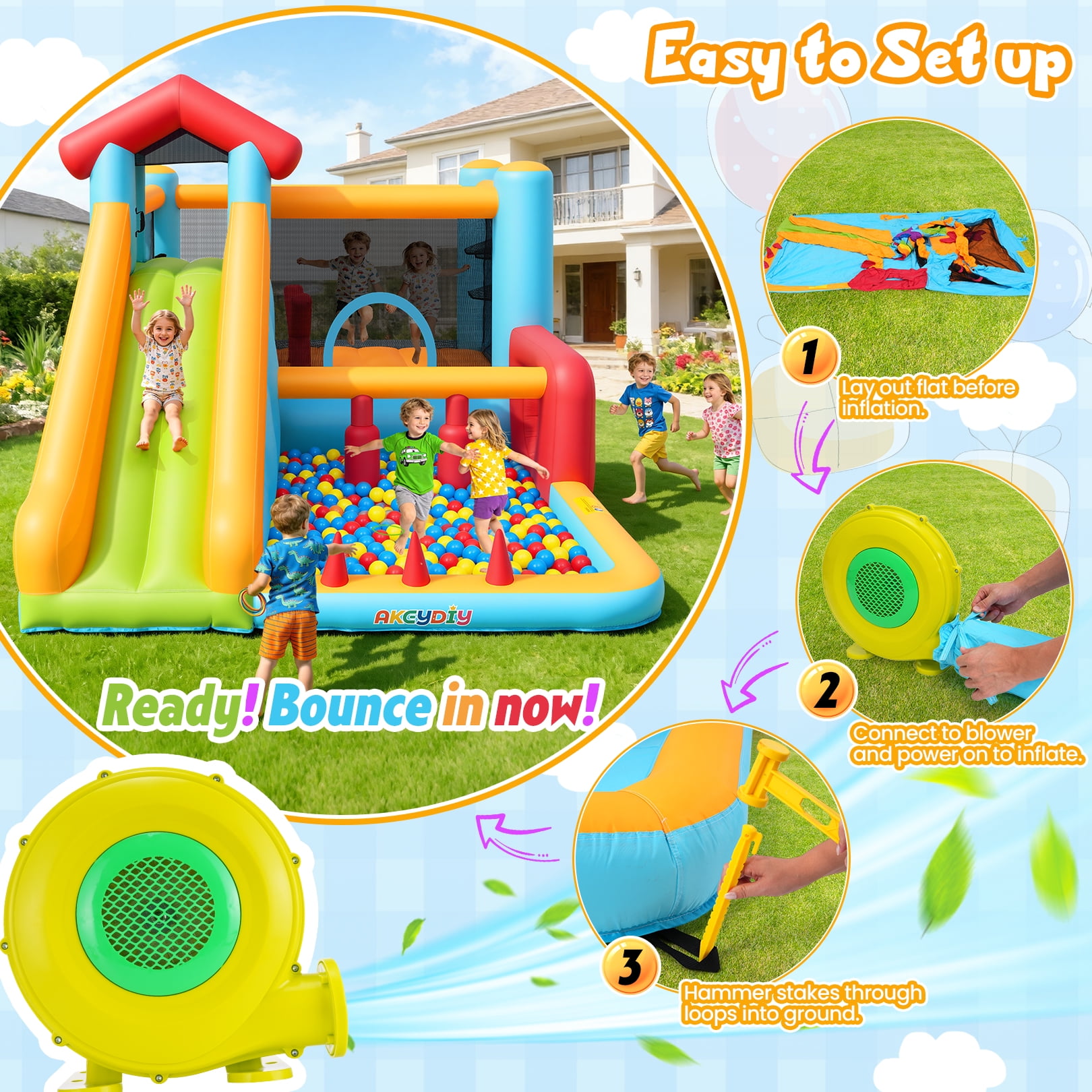 Adnoom Inflatable Bounce House for Kids 3-12, 11-in-1 High Slide Bouncy House with Climbing Wall, Large Ball Pit, Indoor Obstacle Jumping Castle with Blower for Family Backyard Party