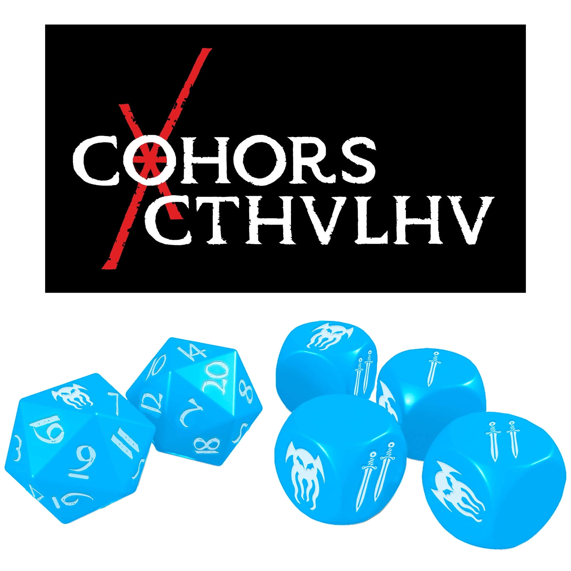Modiphius Entertainment: Cohors Cthulhu RPG: Atlantean Crystal Dice Pack - 6 Piece Set, Blue & White, 2x d20, 4x d6, Hidden War Emblems, Accessory