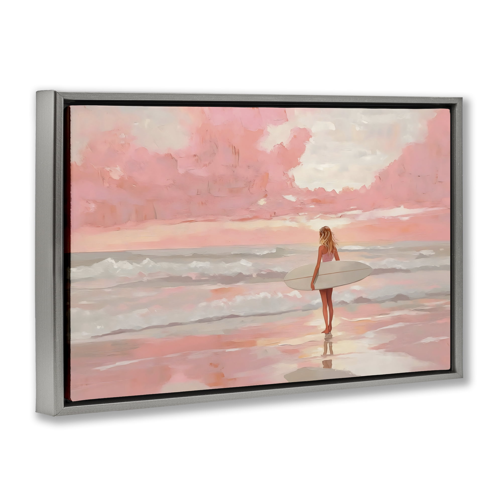 Pink Sky Surfer Gray Framed Floater Canvas Wall Art, design by LSR Design Studio