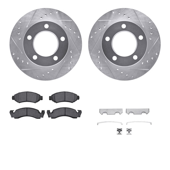 Dynamic Friction Company Front Brake Rotors-Drilled and Slotted-Silver with 5000 Advanced Brake Pads includes Hardware 7512-42003