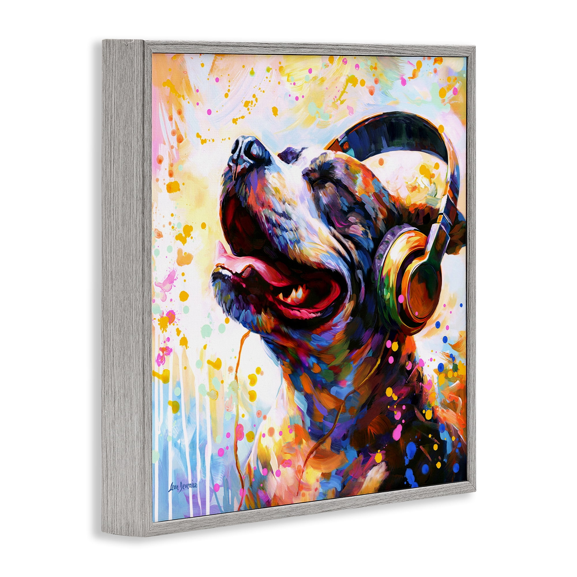 Stupell Industries Happy Dog & Headphones Animals & Insects Painting Gray Framed Art Print Wall Art, 24 x 24