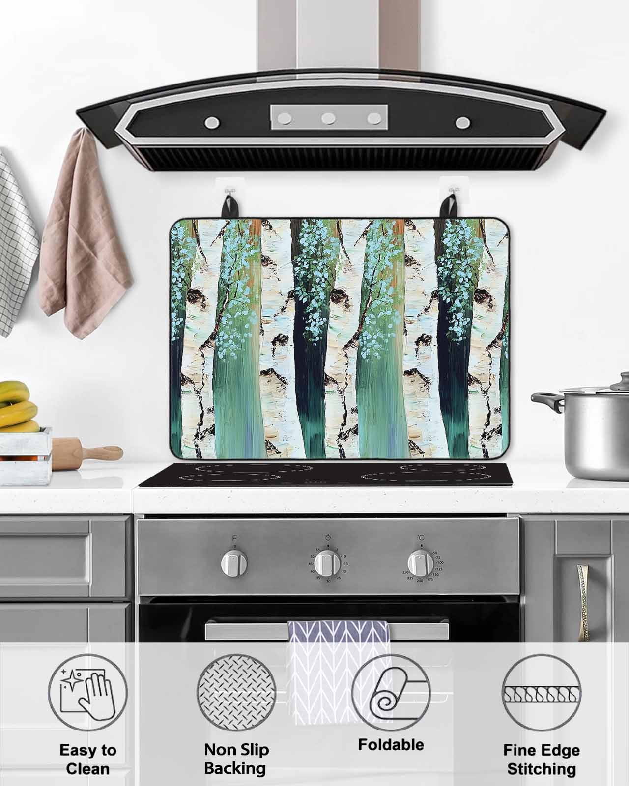 nqOlkjepod Large Induction Cooktop Protector Mat 24"x21", Vintage Trunk Stove Top Covers for Electric Stove, Green Brown Wildflower on Branch Stove Burner Cover Mats, Glass Top Stove Cover