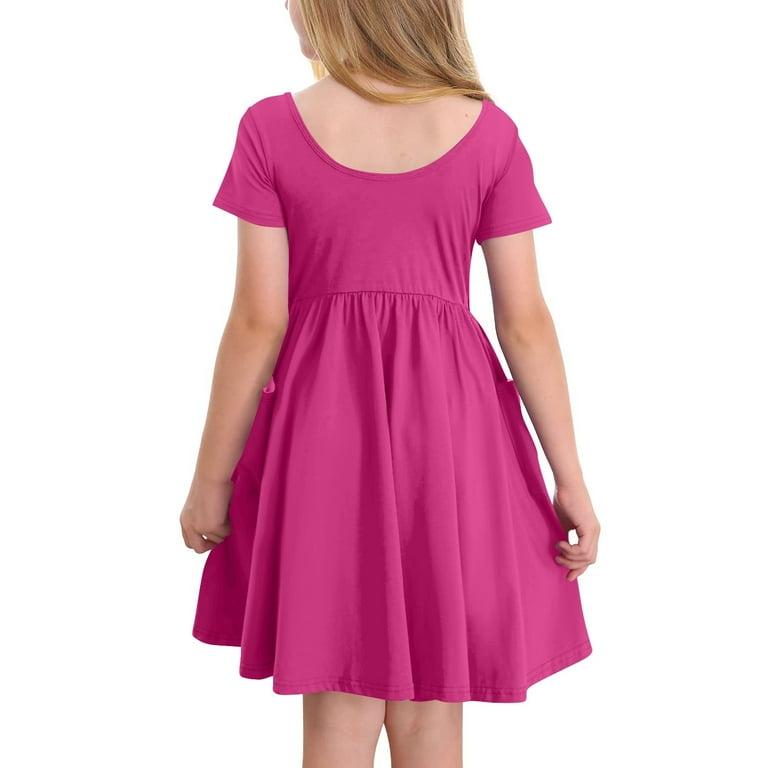 TQWQT Hot Pink Dresses for Girls Short Sleeve Girls Sundress Size 10-12  Summer Cute A Line Dresses Kids Crewneck Swing Dresses Plain Tween Girls  T-Shirt Dress with Pockets Hot Pink 100 -