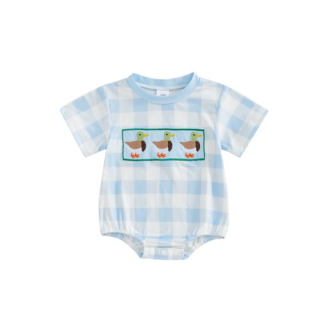 SUNSIOM Barboteuses pour Bébés Garçons Filles Manches Courtes Col Rond Duck Broderie Imprimé à Carreaux Justaucorps Combinaison